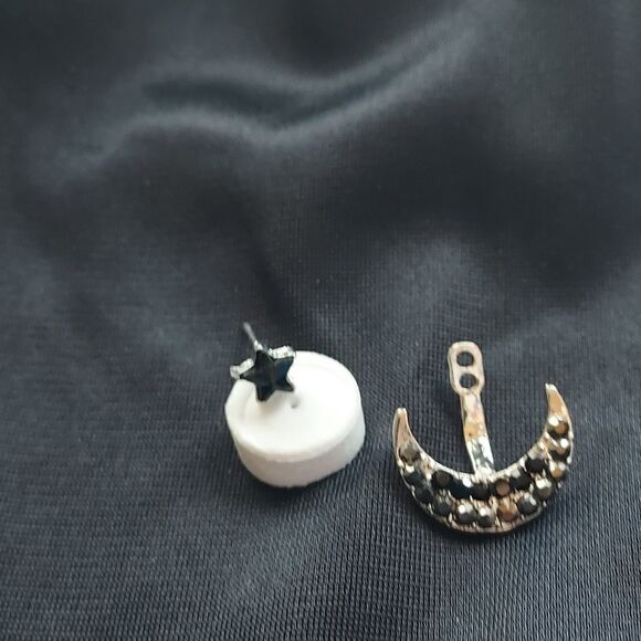 SILVER BLACK DIAMOND STAR STUD AND CRESCENT MOON STUD EARRING JACKET - Picture 8 of 8